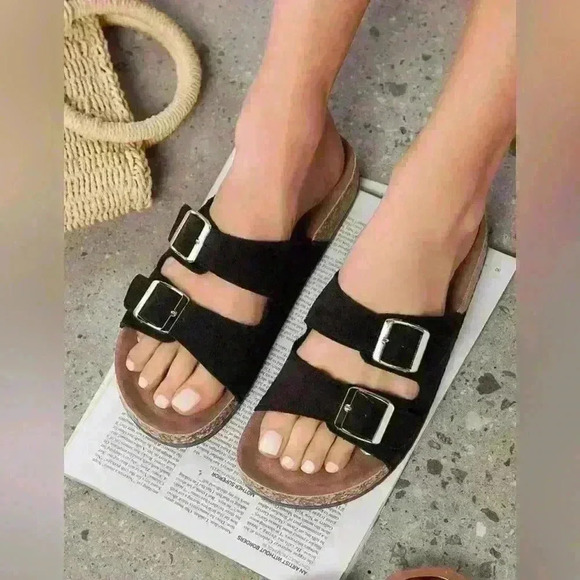SHEIN Shoes - Double Buckle Cork Footbed Slide Sandals Womens Flat Sandals Open Toe Adjustable